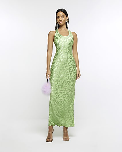 Green jacquard slip maxi dress