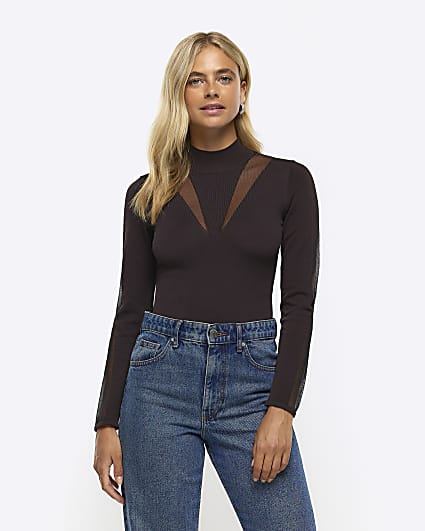 Brown sheer long sleeve top