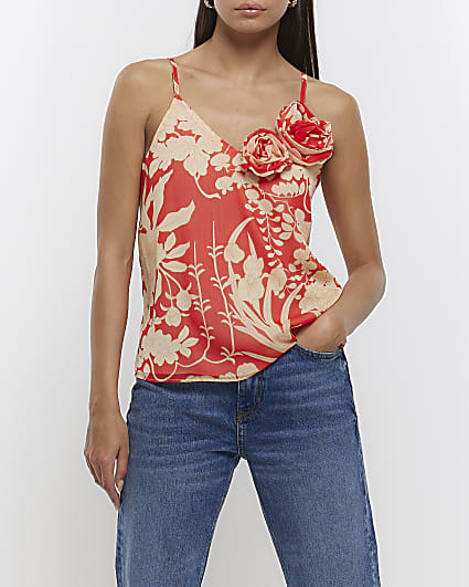 Red chiffon floral corsage cami top