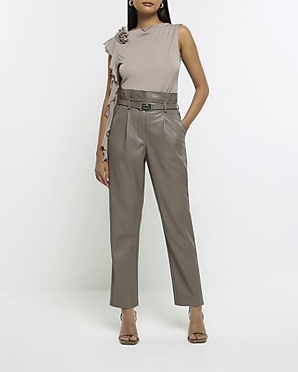 Grey faux leather belted paperbag trousers