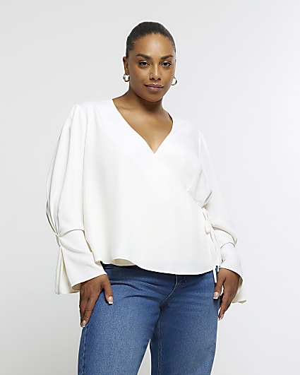 Plus White Long Sleeve Wrap Blouse