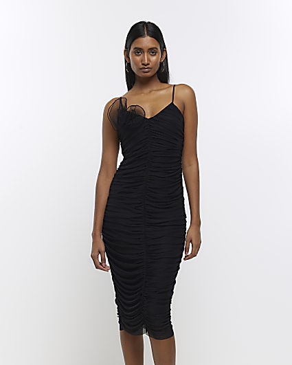 Black sleeveless corsage midi dress