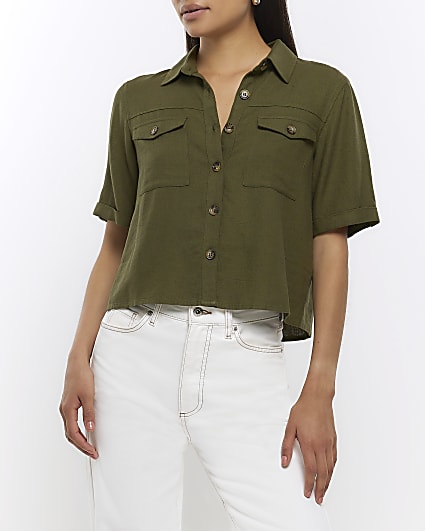 Khaki utility cropped shirt with linen