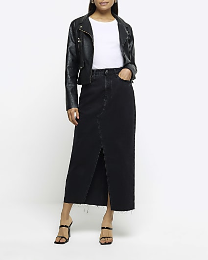 Black split front denim midi skirt