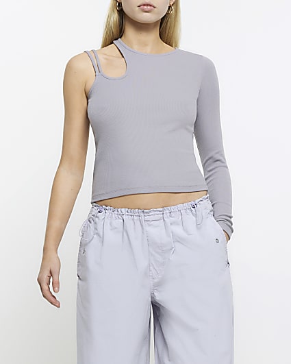 Grey ribbed asymmetric cut out top