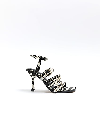 White animal print buckle heeled sandals