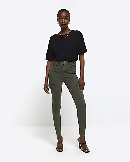 Khaki high waisted skinny cargo jeggings