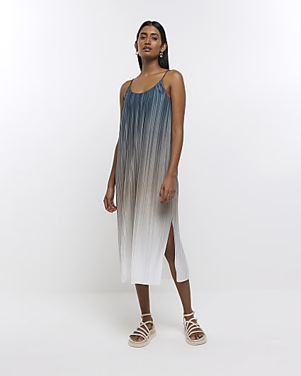 Grey ombre plisse slip midi dress