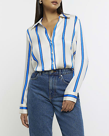 Navy stripe satin long sleeve shirt
