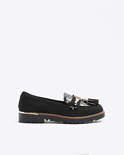 Black tassel embossed loafers