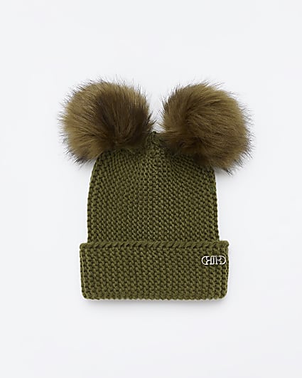 Khaki double pom pom beanie