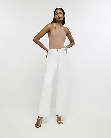 Ecru high waisted relaxed straight jeans