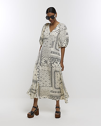 Cream paisley puff sleeve smock midi dress