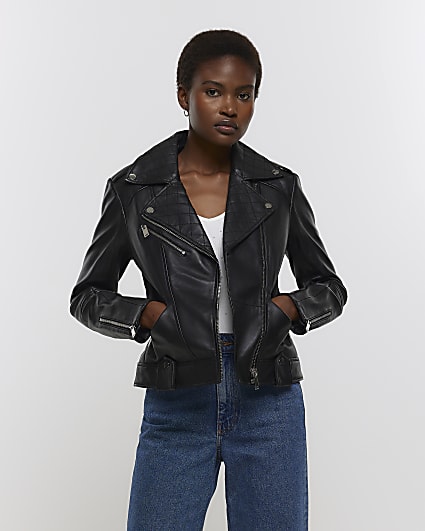 Black leather zip up biker jacket