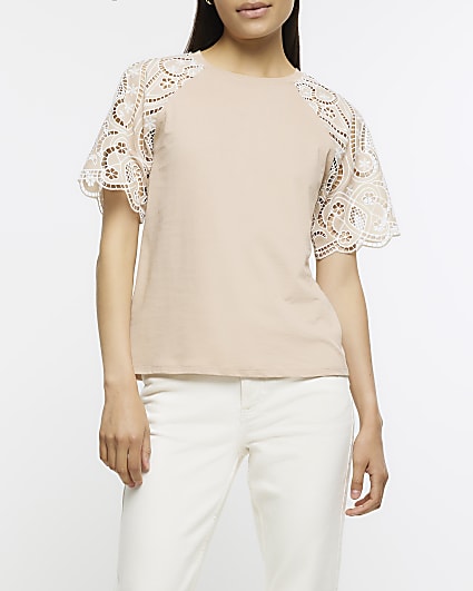 Beige broderie short sleeve t-shirt