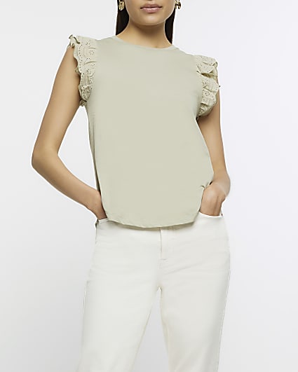 Khaki broderie frill sleeve tank top