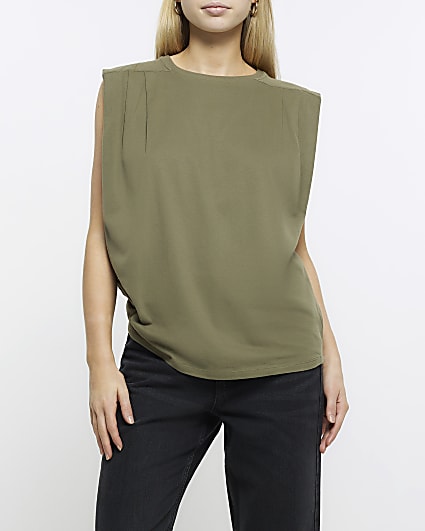 Khaki box fit pleated t-shirt