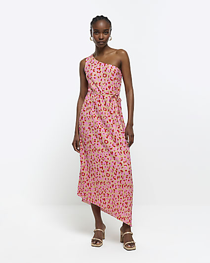 Pink leopard one shoulder plisse maxi dress