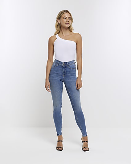 Blue mid rise super skinny fit jeans