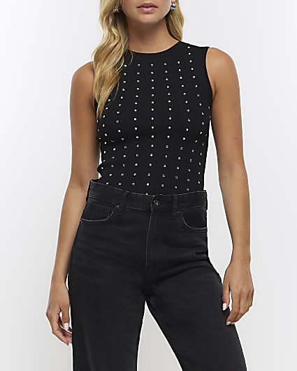 Black diamante embellished vest top