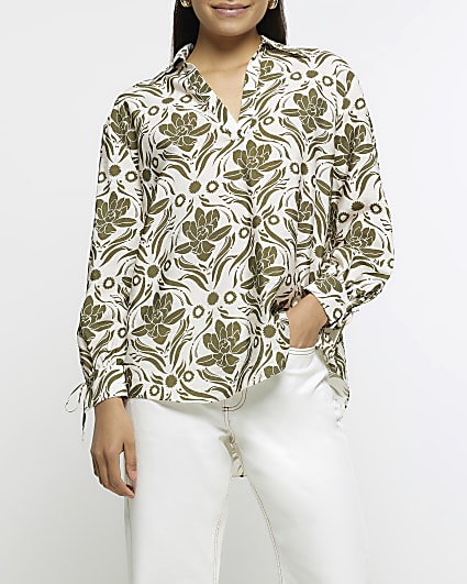 Green satin floral oversized shirt