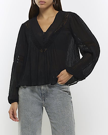 Black lace trim blouse