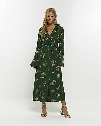 Green floral frill swing midi dress