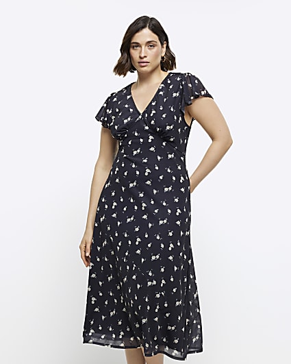 Plus black print frill tea midi dress