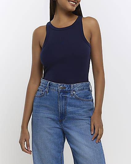 Navy ribbed racer vest top