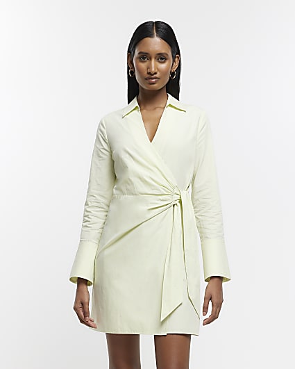 Green tie waist wrap mini shirt dress