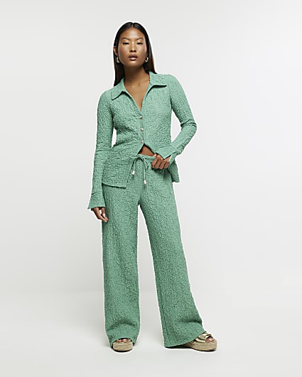 Petite green textured wide leg trousers