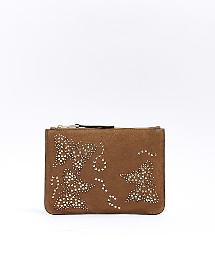 Brown suede studded butterfly pouchette