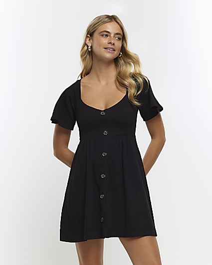 Black button tea mini dress