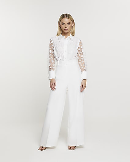 Petite white lace top jumpsuit