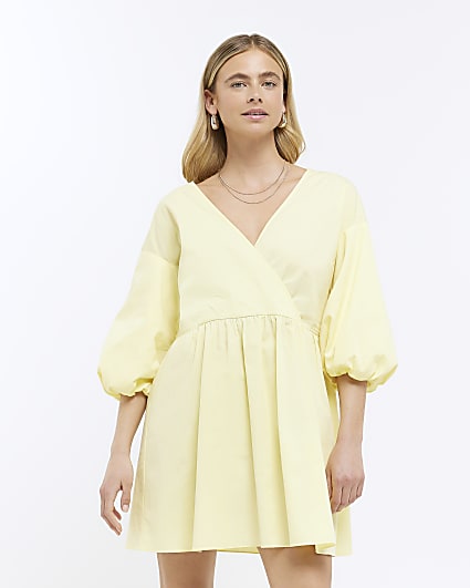 Yellow puff sleeve poplin mini dress