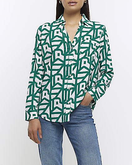 Green print open neck shirt