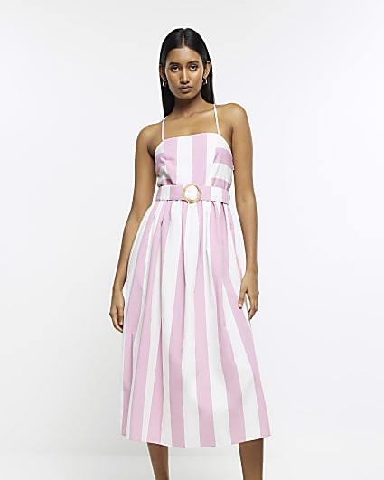 Pink stripe belted swing midi dress