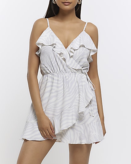 White animal print frill wrap playsuit