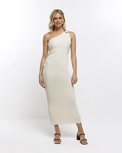 Cream plisse one shoulder bodycon maxi dress