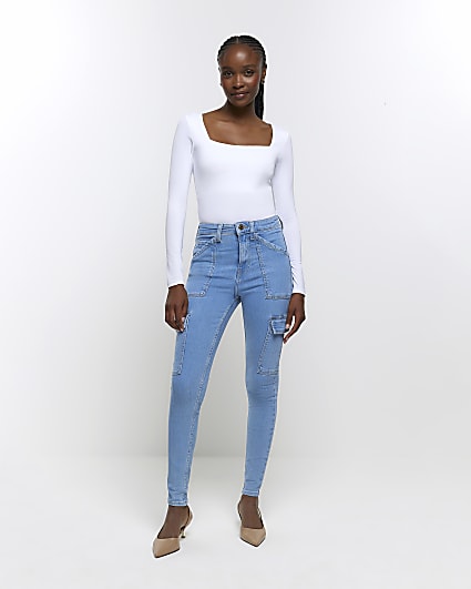 Blue high waisted skinny cargo jeans