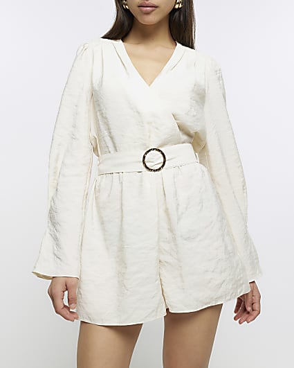 Cream belted long sleeve playsuit