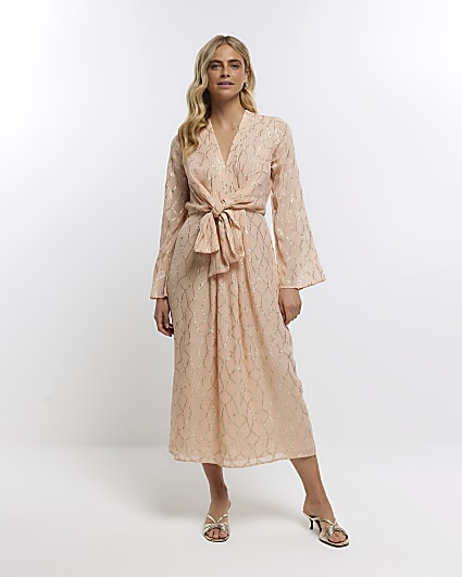 Orange glitter tie waist shift midi dress