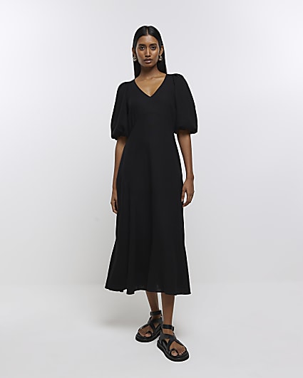 Black puff sleeve smock midi dress with linen