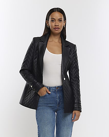 Black faux leather quilted blazer