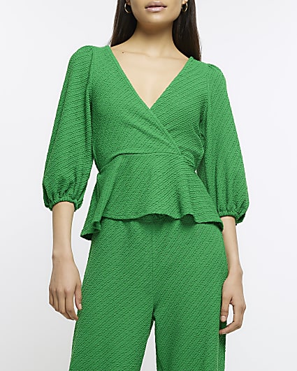 Green Peplum Textured Top