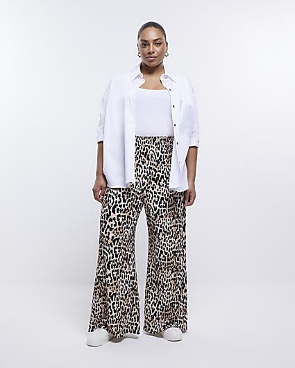 Plus beige leopard print flare trousers