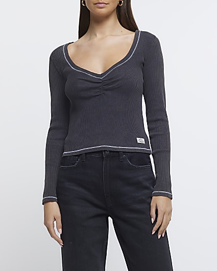 Grey ruched long sleeve top