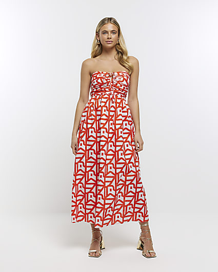 Red print bandeau midi dress