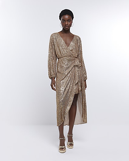 Gold sequin long sleeve wrap dress