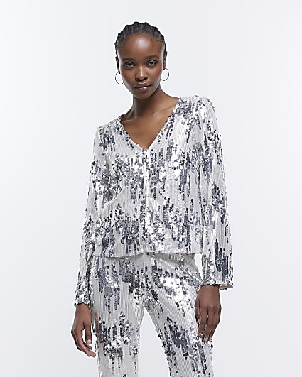 Silver Sequin Long Sleeve Top